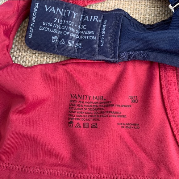 Underwire Satin Bras Vanity Fair Size 38C Navy Blue Red Lace Bras Padded - Picture 5 of 5